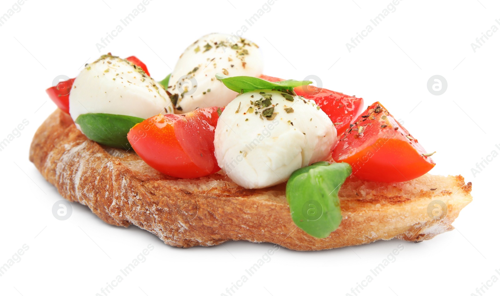 Photo of Delicious sandwich with mozzarella, fresh tomato and basil isolated on white