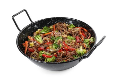 Photo of Stir-fry. Tasty noodles with meat and vegetables in wok isolated on white