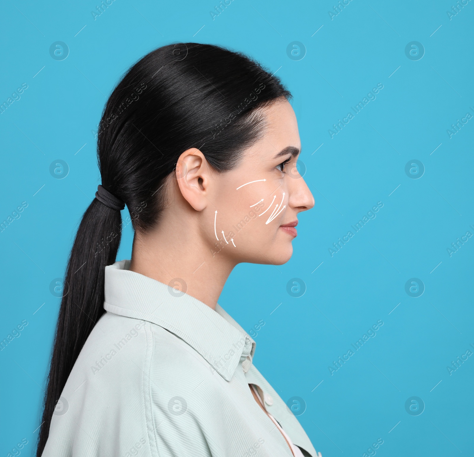 Image of Beautiful woman after facelift cosmetic surgery procedure on turquoise background