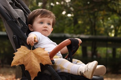 Photo of Cute little child with dry maple leaf in baby stroller outdoors