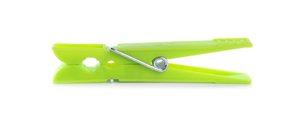 Photo of Bright green plastic clothespin isolated on white