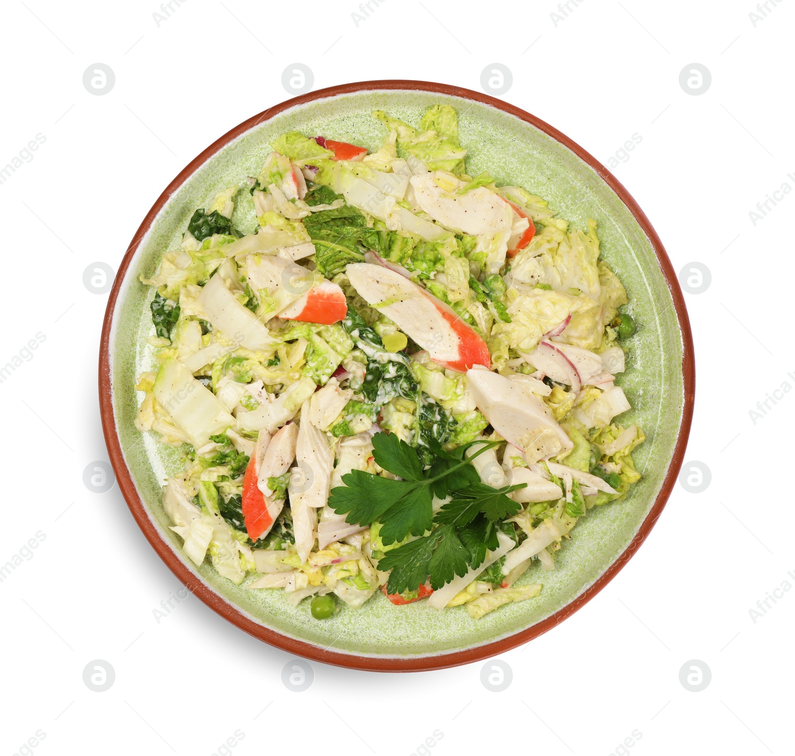 Photo of Delicious salad with Chinese cabbage, crab sticks and parsley isolated on white, top view