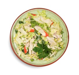 Photo of Delicious salad with Chinese cabbage, crab sticks and parsley isolated on white, top view