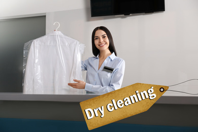 Image of Female worker with shirt at modern dry-cleaner's