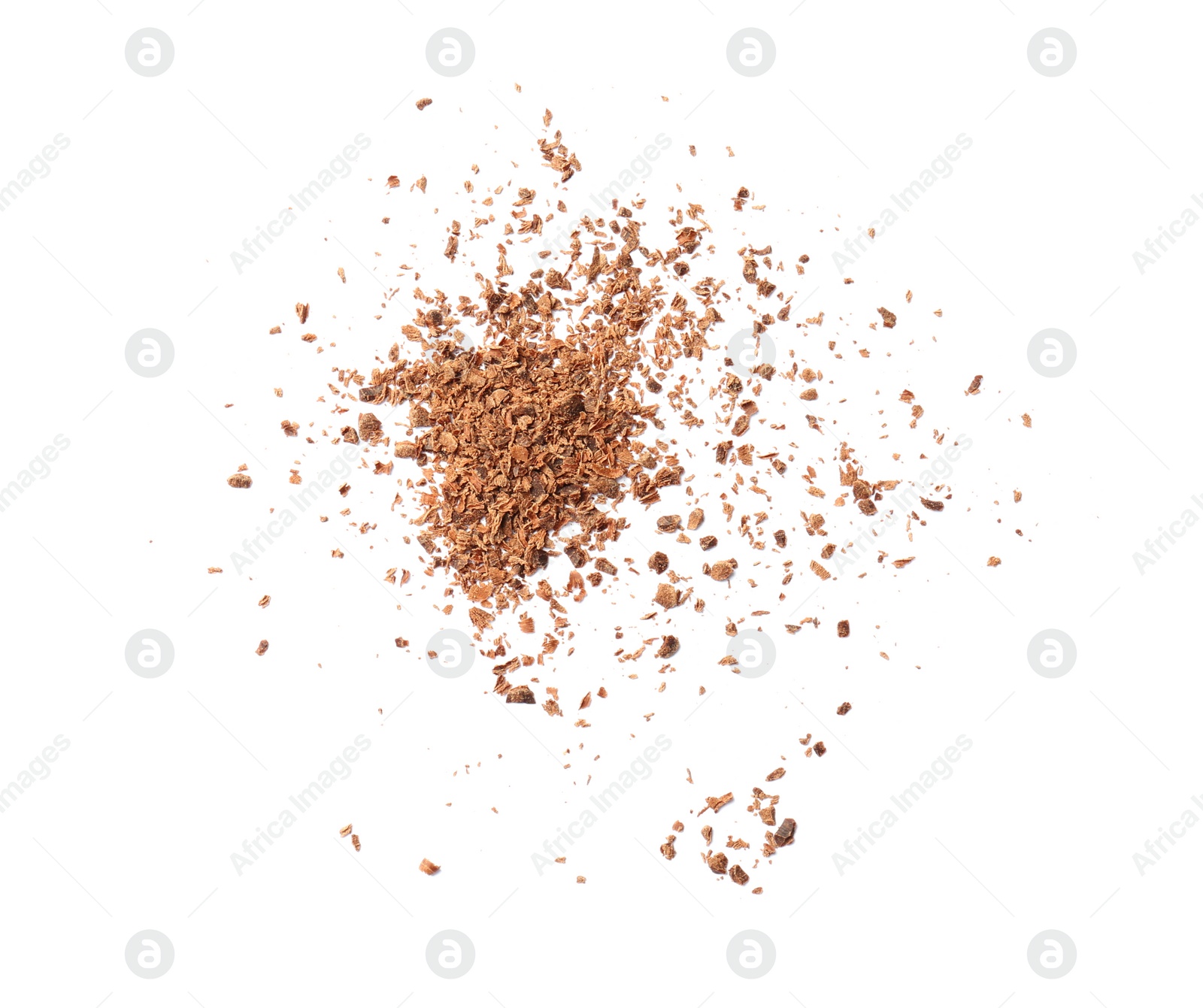 Photo of Delicious chocolate shavings on white background, top view