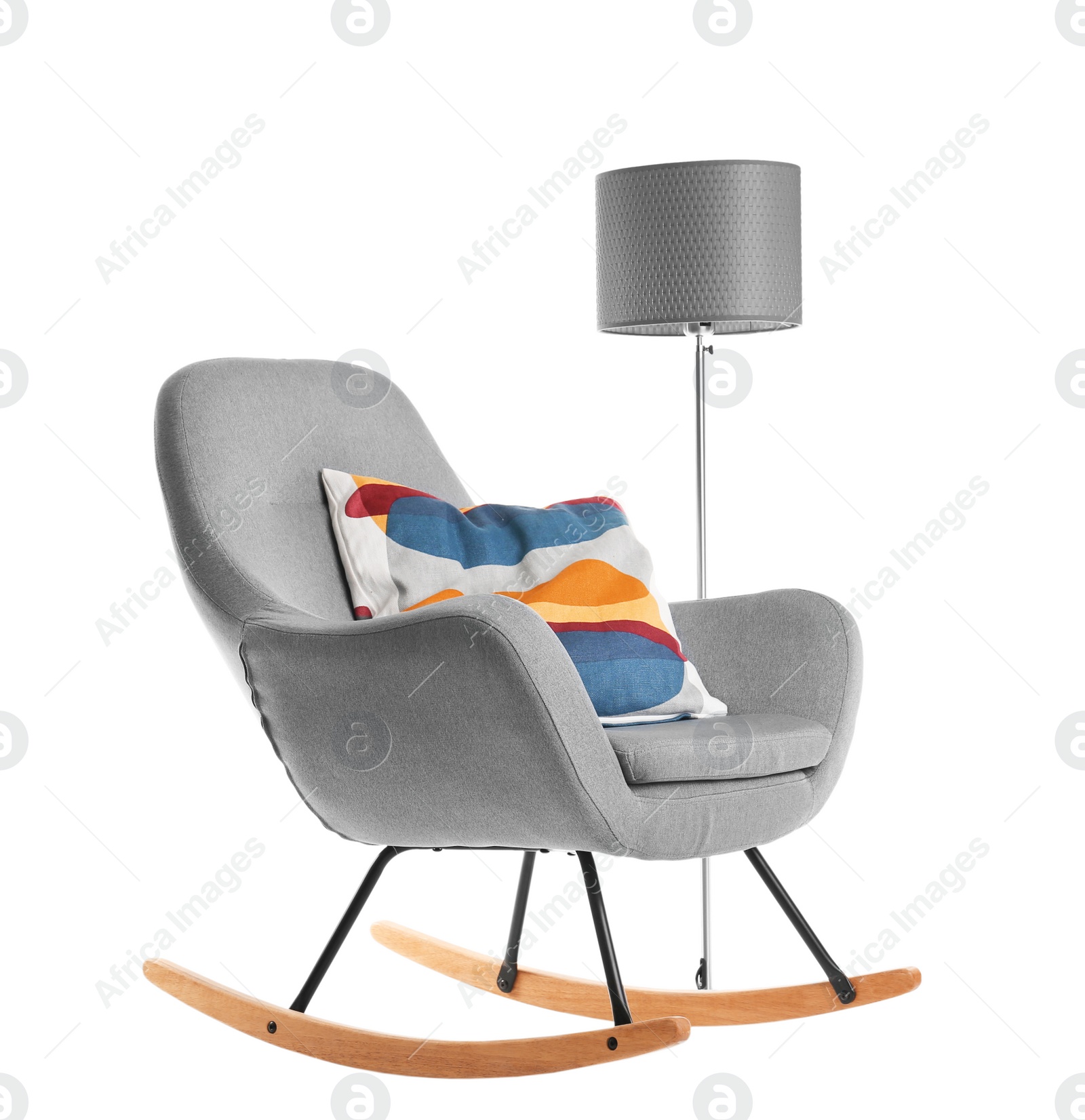 Photo of Rocking armchair with pillow on white background