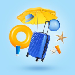 Image of Suitcase, sunscreen and beach accessories flying on light blue background