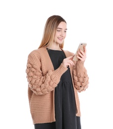Photo of Teenage girl with smartphone on white background