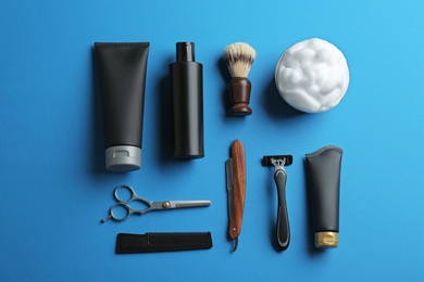 Photo of Flat lay composition with men's cosmetic products on color background. Space for design