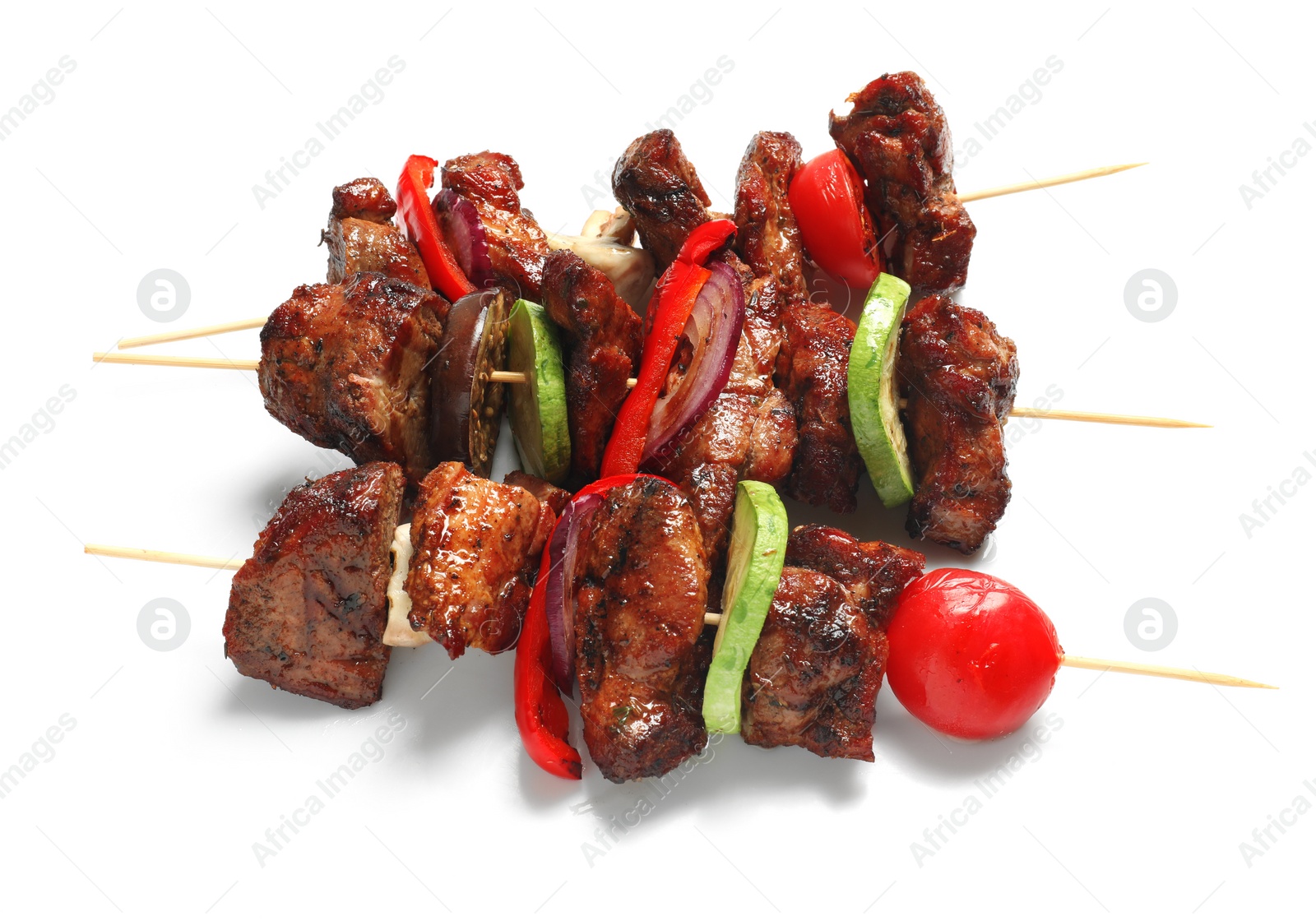 Photo of Delicious shish kebabs with vegetables isolated on white