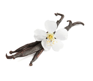 Photo of Aromatic vanilla sticks and flower on white background