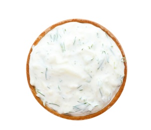 Photo of Bowl with cucumber sauce on white background, top view