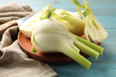 Photo of Whole and cut fennel bulbs on light blue wooden table, closeup