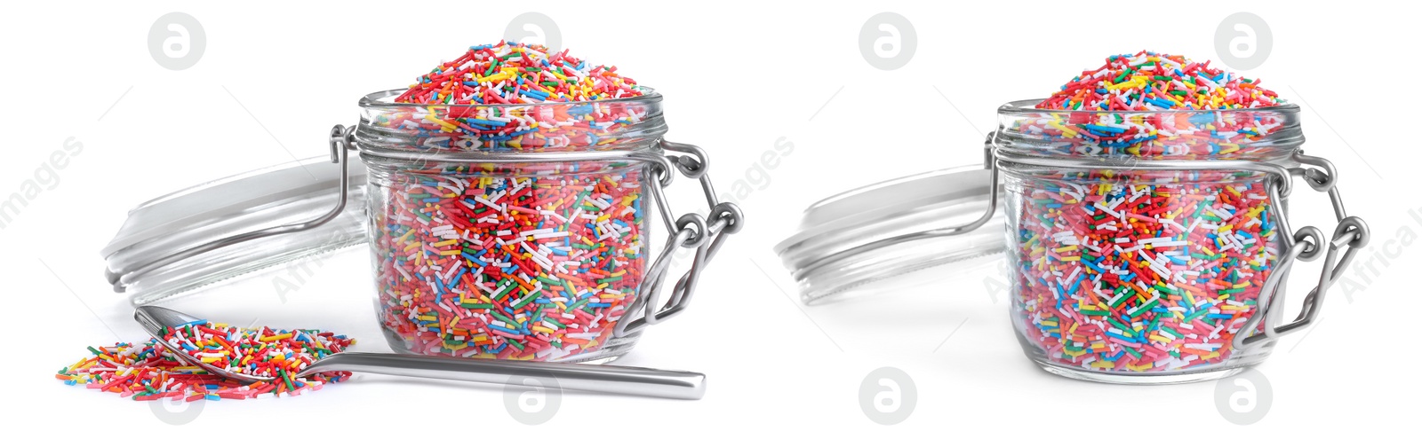 Image of Colorful sprinkles on white background, banner design. Confectionery decor