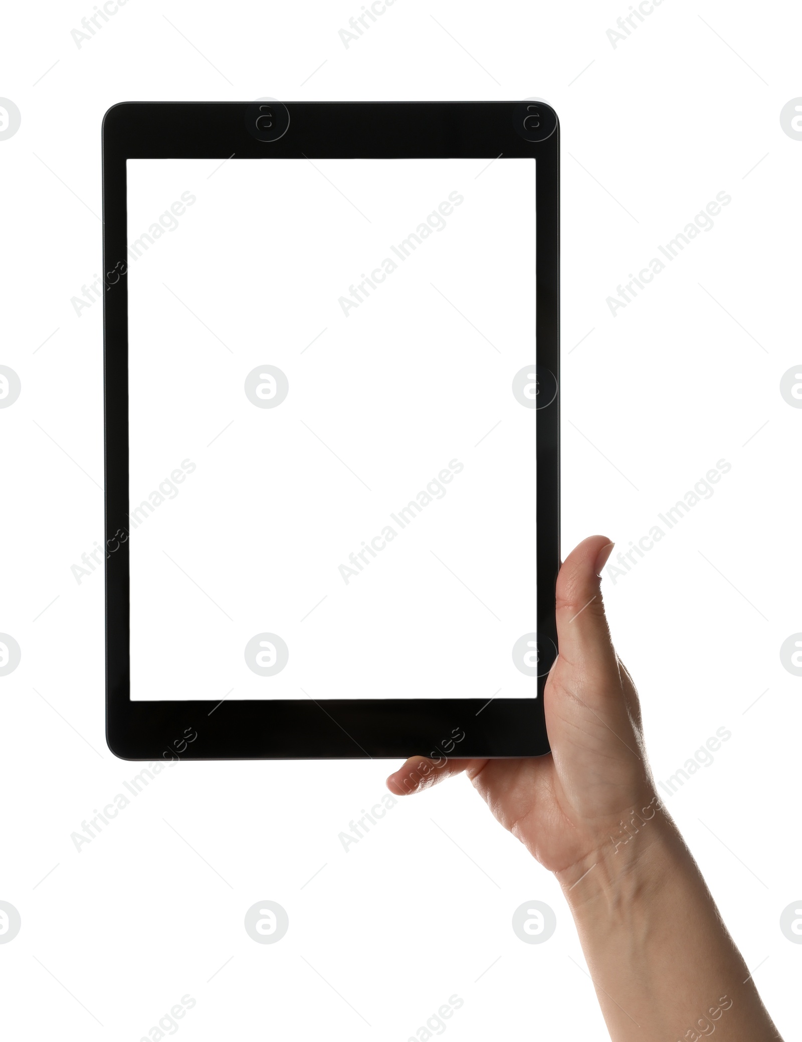 Photo of Woman holding tablet computer with blank screen on white background, closeup. Modern gadget