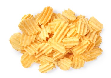 Heap of delicious ridged potato chips on white background, top view