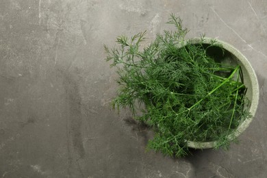 Fresh green dill in bowl on grey table, top view. Space for text