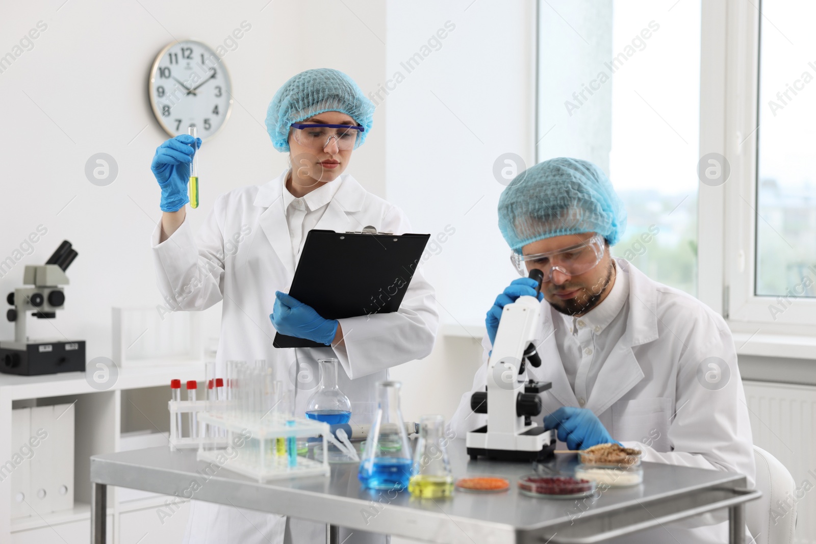 Photo of Quality control. Food inspectors checking safety of products in laboratory