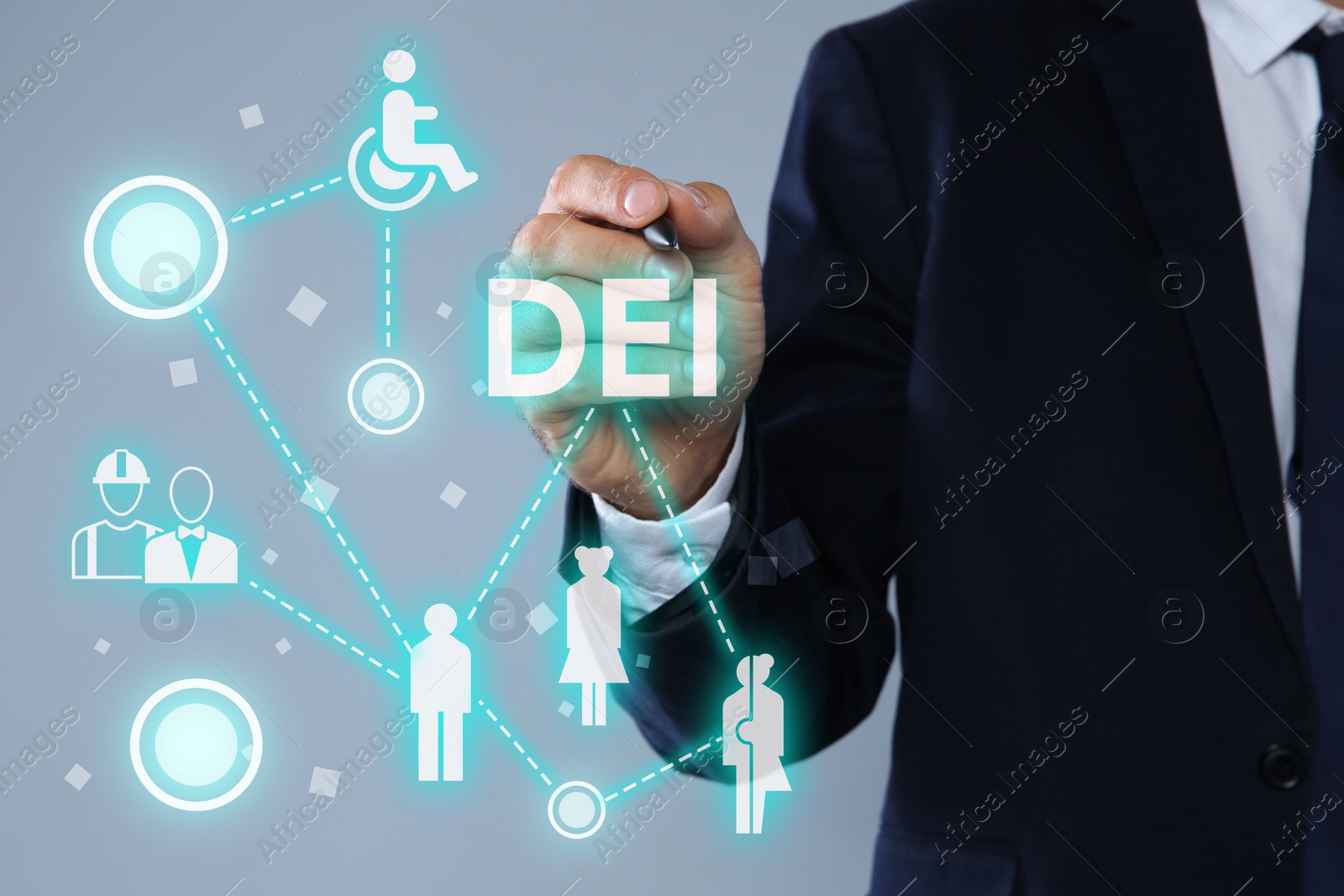 Image of Concept of DEI - Diversity, Equality, Inclusion. Virtual screen with different icons and businessman on light grey background, closeup
