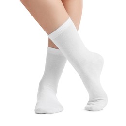 Woman in stylish socks on white background, closeup