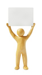 Human figure made of yellow plasticine holding blank paper sheet isolated on white