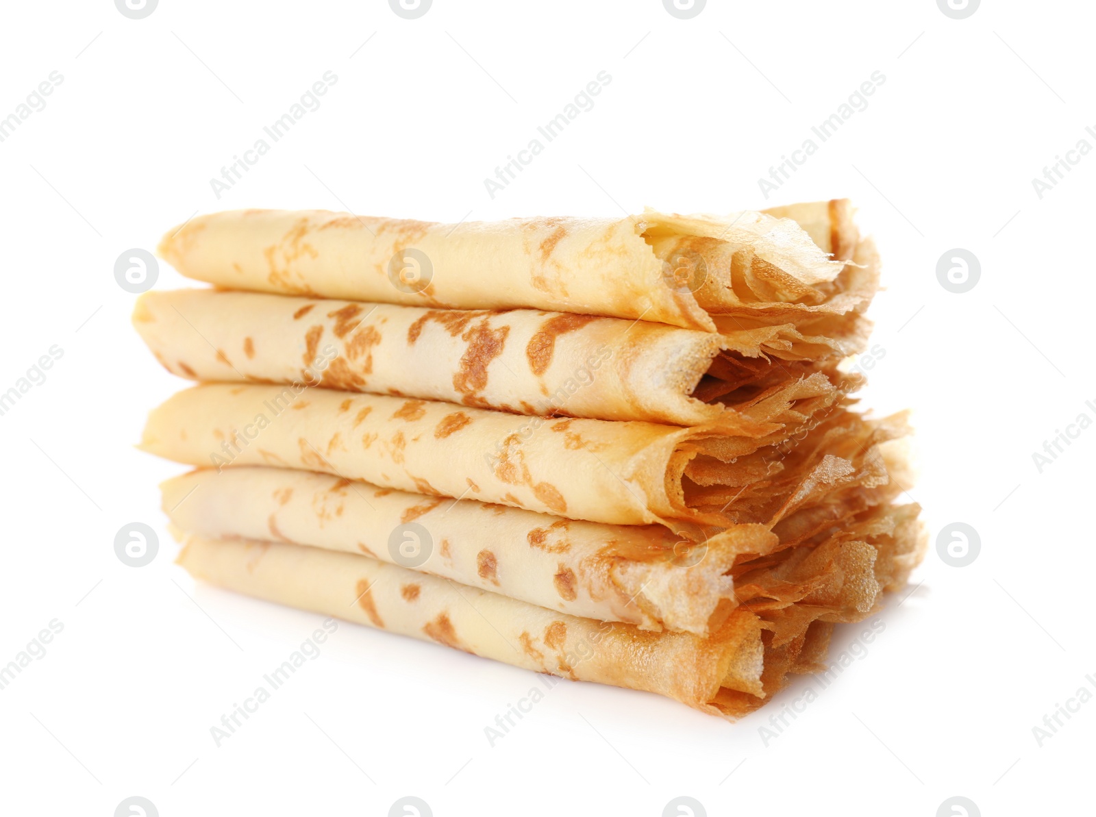 Photo of Stack of tasty thin folded pancakes on white background