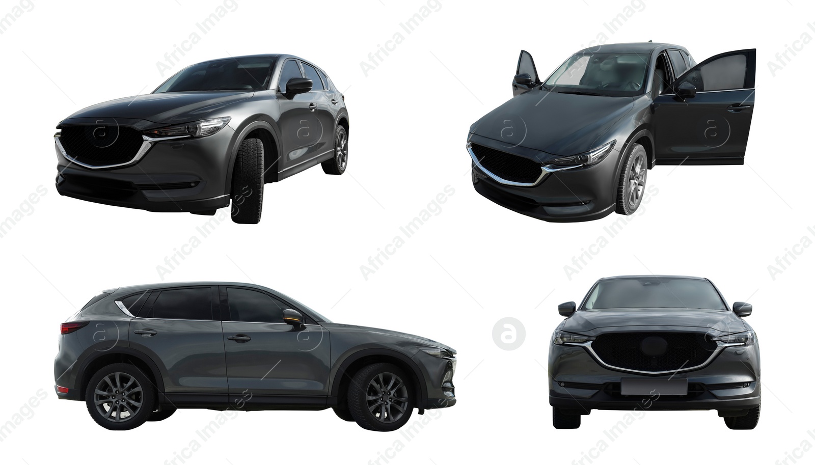 Image of New expensive black car isolated on white, collage