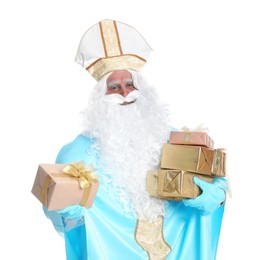 Portrait of Saint Nicholas with presents on white background