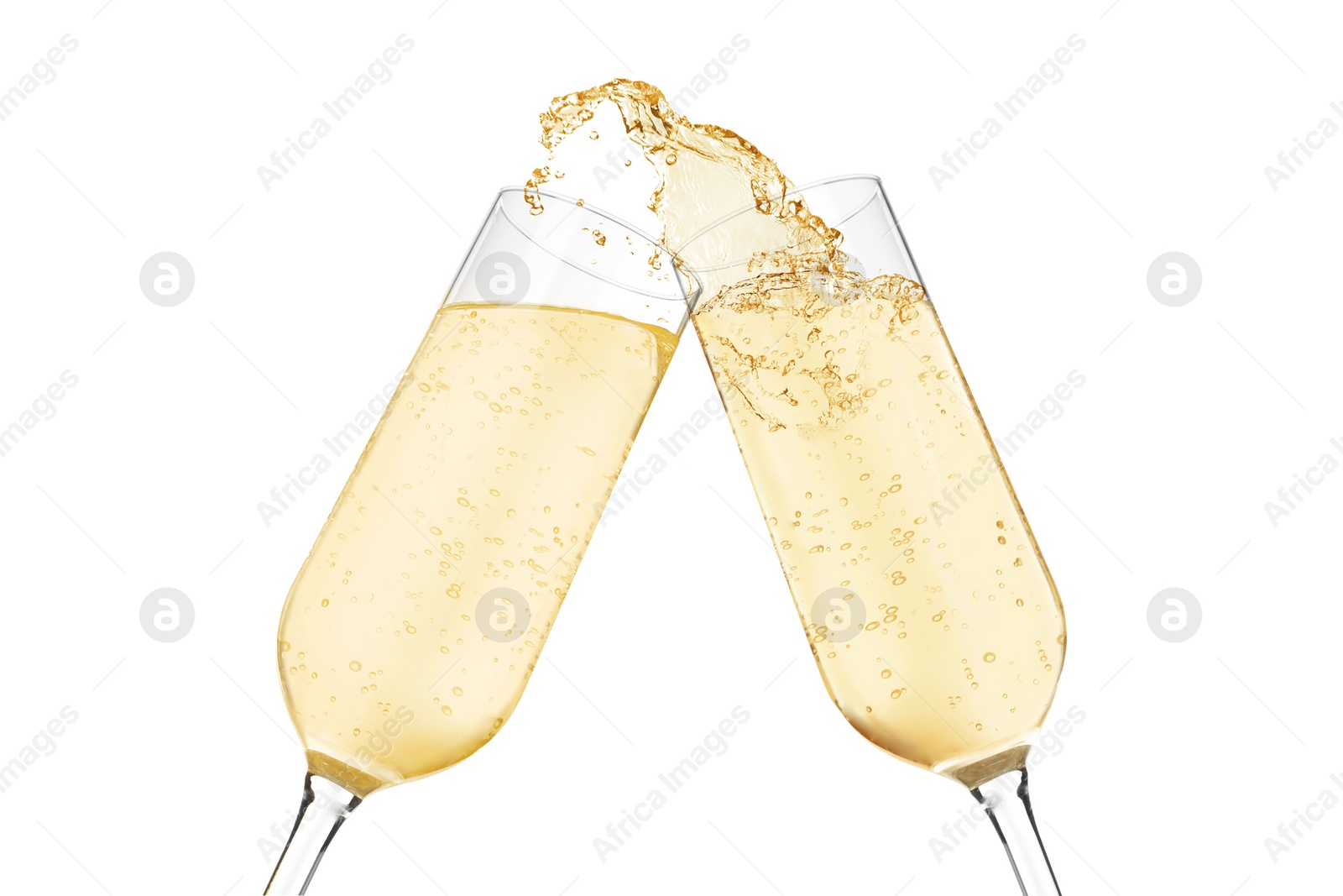 Image of Clinking glasses of sparkling wine with splash on white background