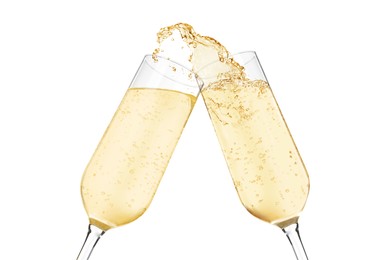 Clinking glasses of sparkling wine with splash on white background