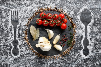 Photo of Different spices and silhouettes of cutlery and plate on grey marble background, flat lay