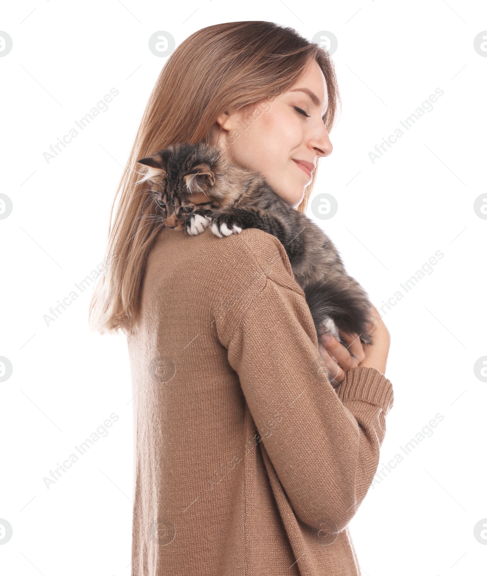 Photo of Young woman with cat on white background. Owner and pet