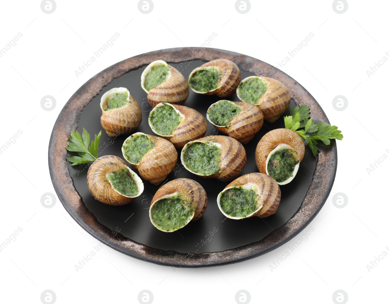 Photo of Delicious cooked snails with parsley isolated on white