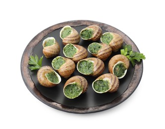 Photo of Delicious cooked snails with parsley isolated on white