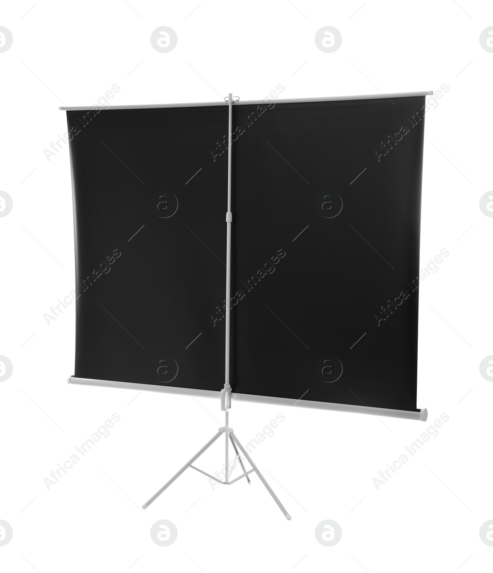 Photo of Tripod with projection screen isolated on white, back view