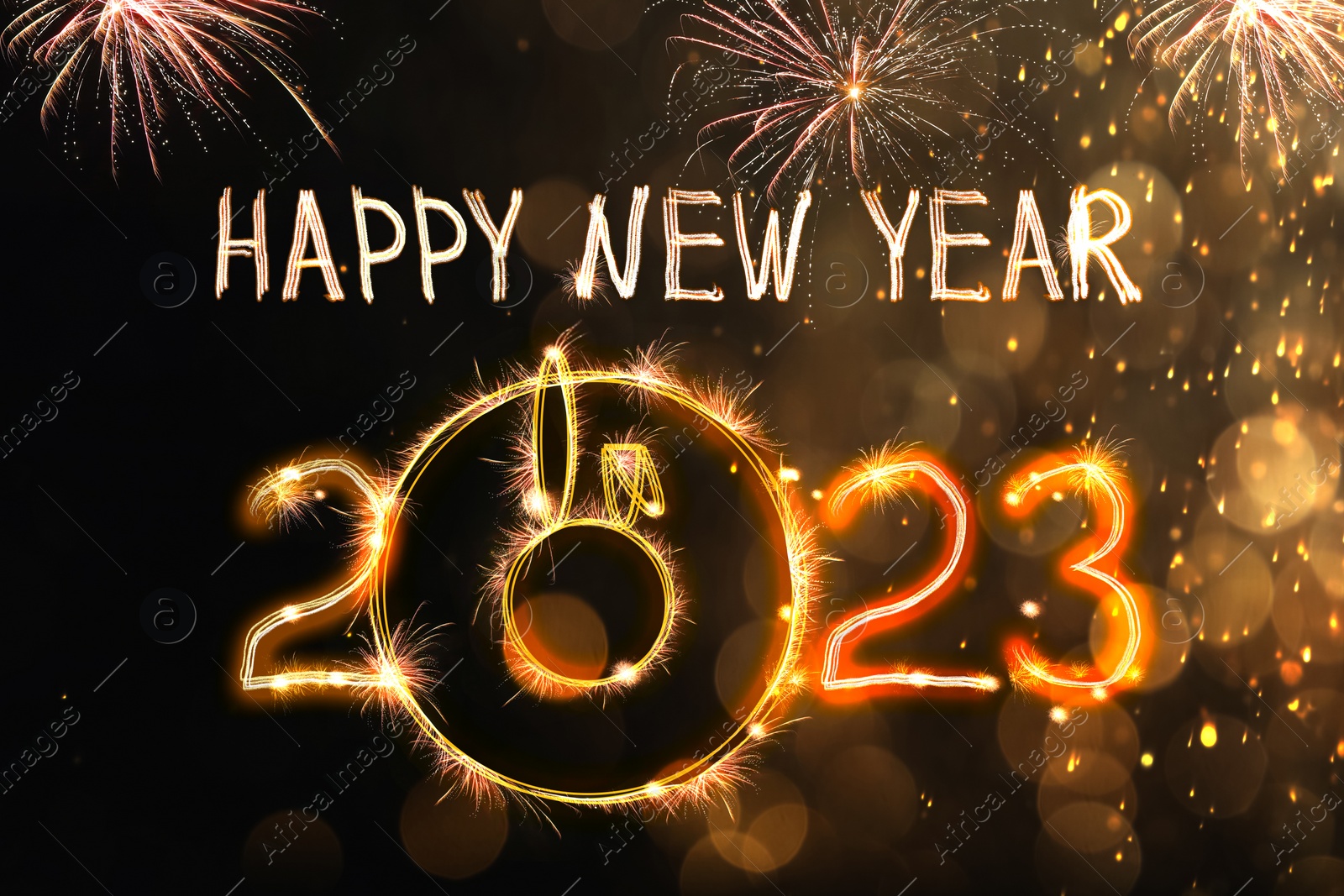 Image of Bright text Happy New 2023 Year made of firework on dark background. Greeting card design