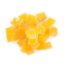 Photo of Delicious orange candied fruit pieces on white background, top view