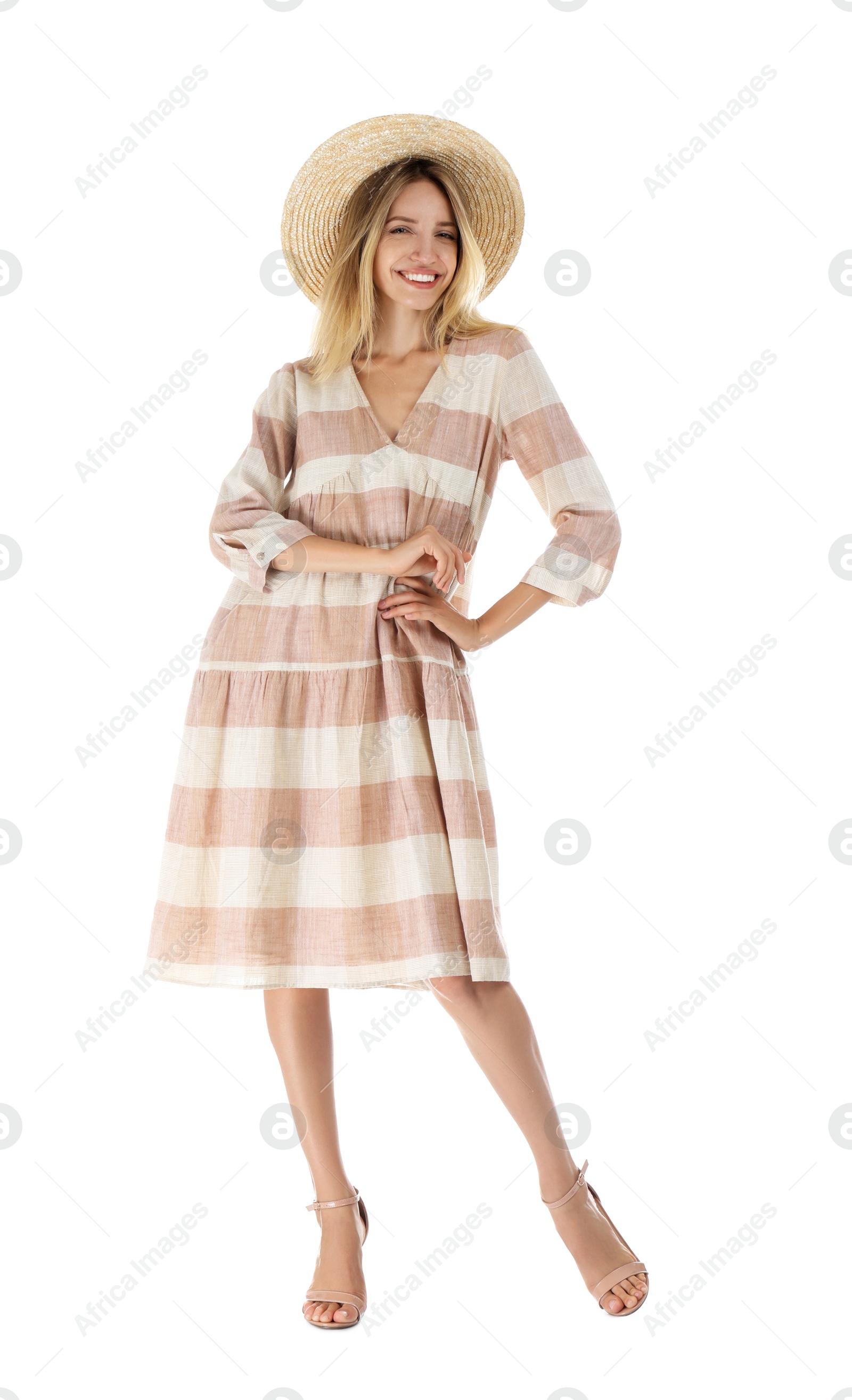 Photo of Young woman wearing stylish dress on white background