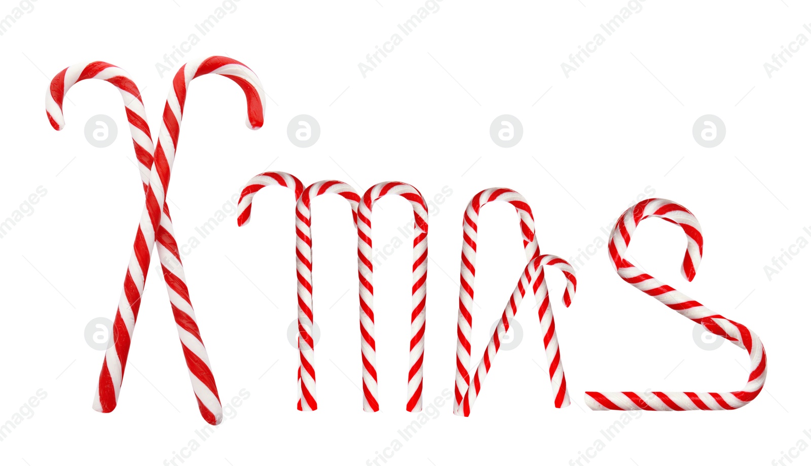 Image of Word Xmas of tasty candy canes on white background