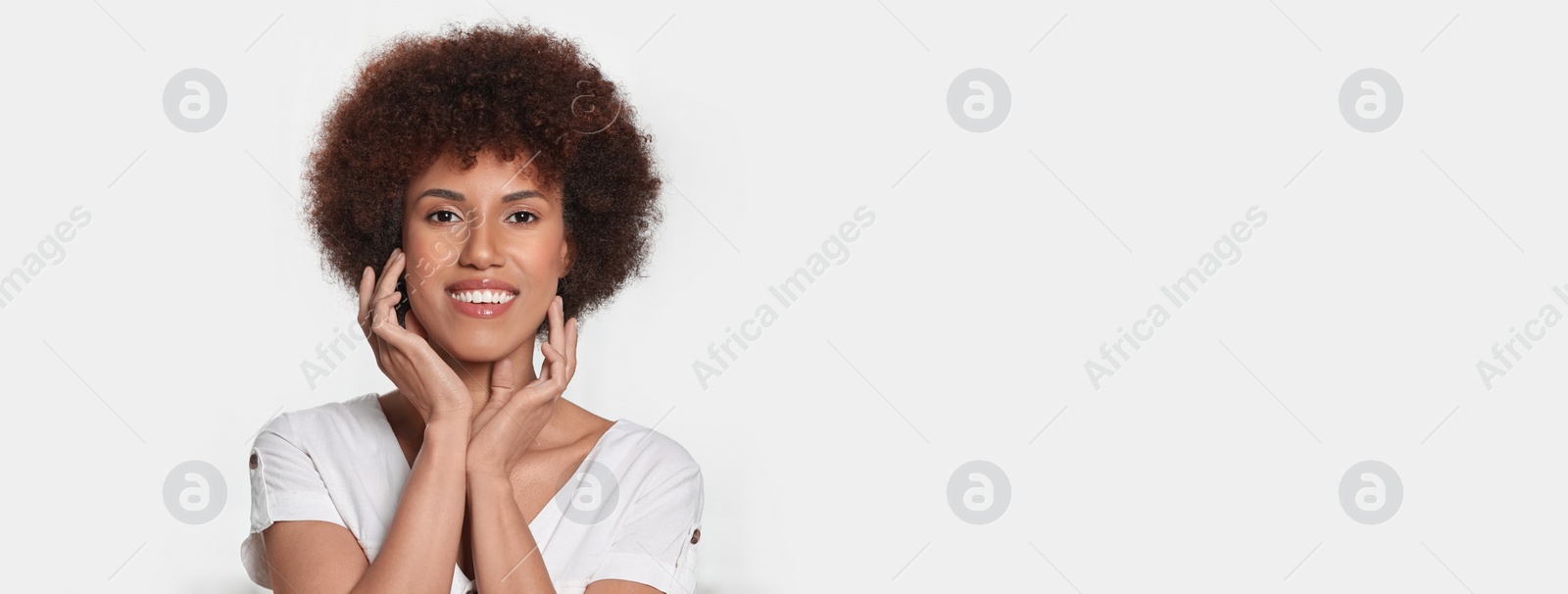 Image of Portrait of beautiful young woman on white background. Banner design with space for text