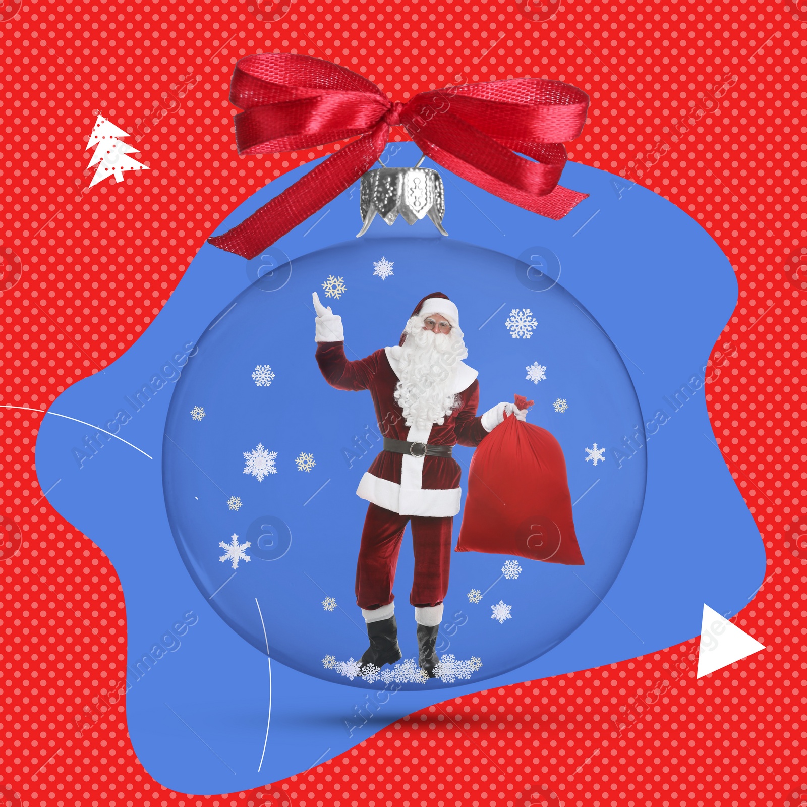 Image of Winter holidays bright artwork. Transparent Christmas ornament with Santa Claus inside against bright color background, creative collage