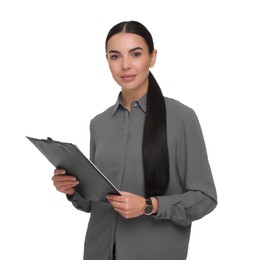 Portrait of beautiful woman with clipboard on white background. Lawyer, businesswoman, accountant or manager