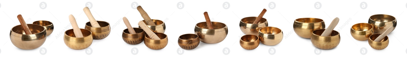 Image of Set with Tibetan singing bowls on white background. Banner design