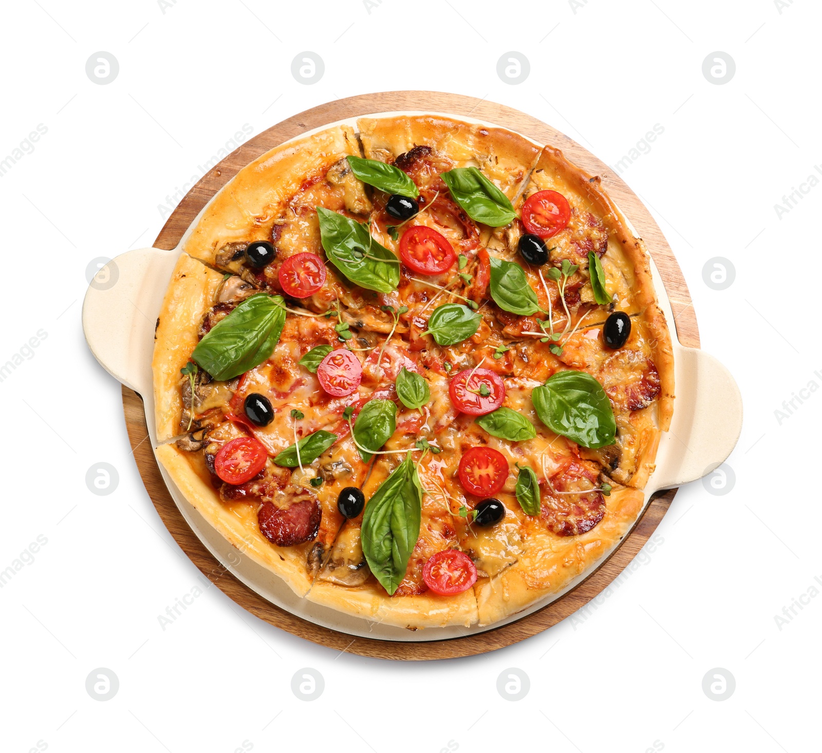 Photo of Tasty fresh homemade pizza on white background, top view