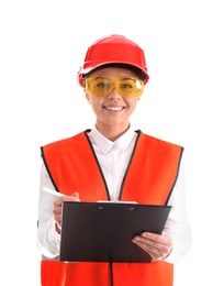 Female industrial engineer in uniform with clipboard on white background. Safety equipment