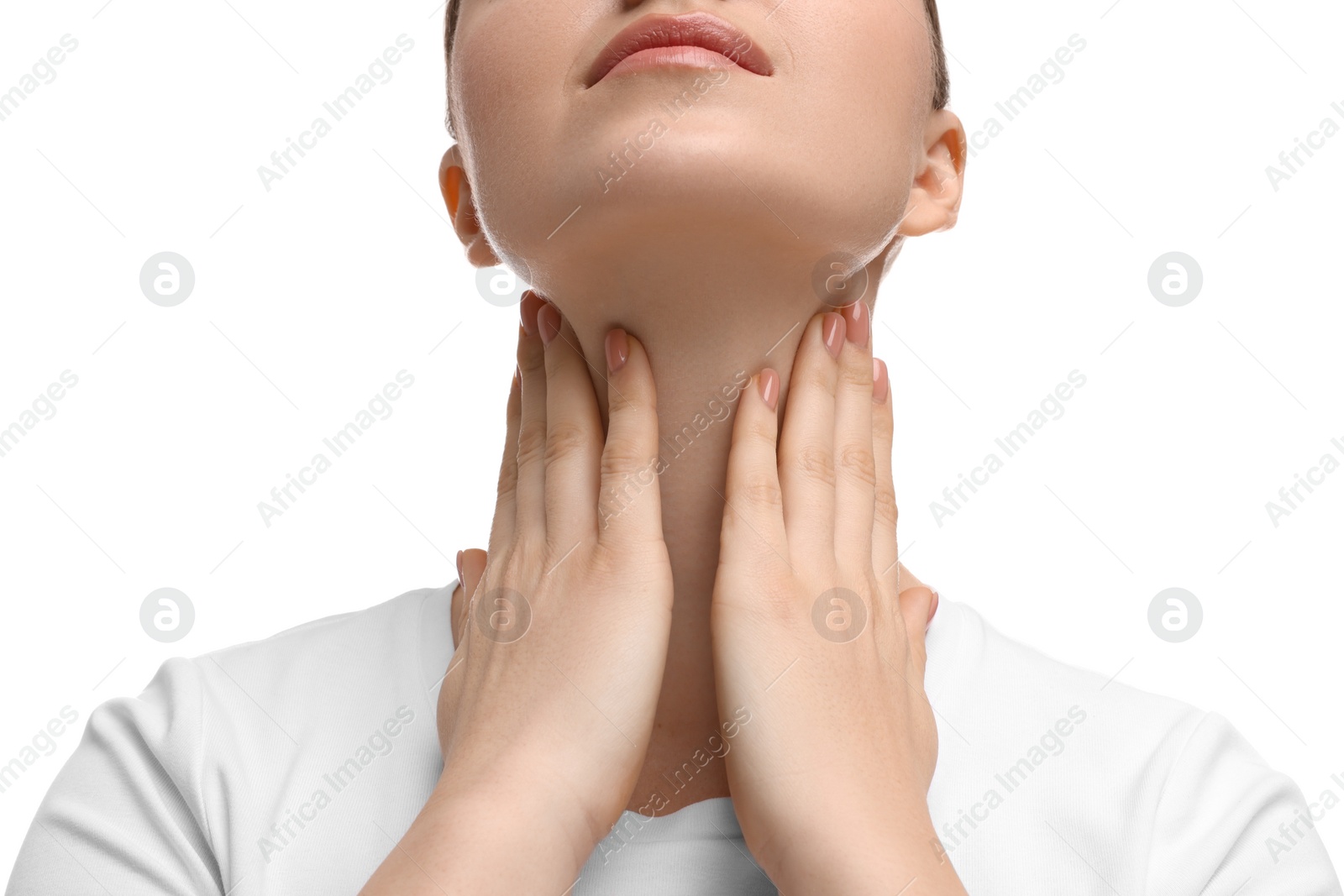 Photo of Woman touching her neck on white background, closeup