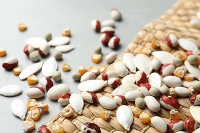 Photo of Mixed vegetable seeds and wicker mat on grey background, closeup