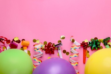 Photo of Flat lay composition with accessories for birthday party on pink background. Space for text