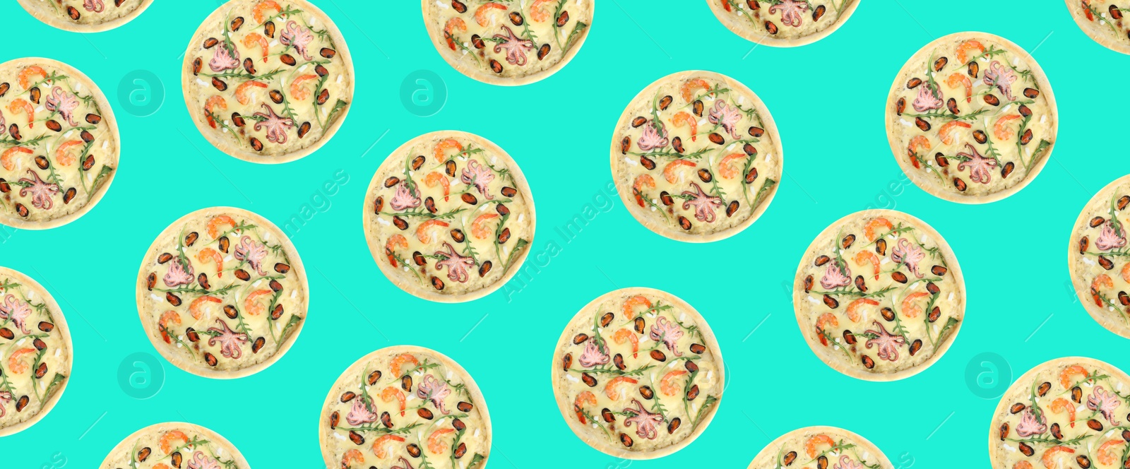 Image of Seafood pizza pattern design on turquoise background 