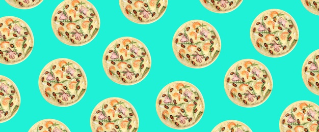 Image of Seafood pizza pattern design on turquoise background 